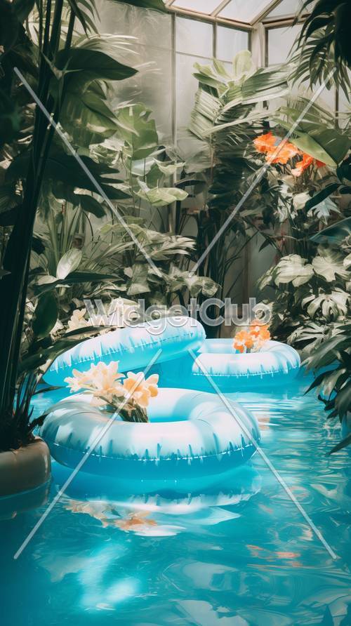 Blaue Pool-Schwimmhilfen und tropische Blumen in einer ruhigen Gartenumgebung