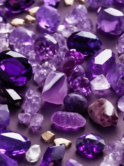 Коллаж на фиолетовую тему, изображающий несколько типов драгоценных камней, включая аметисты и чароит.