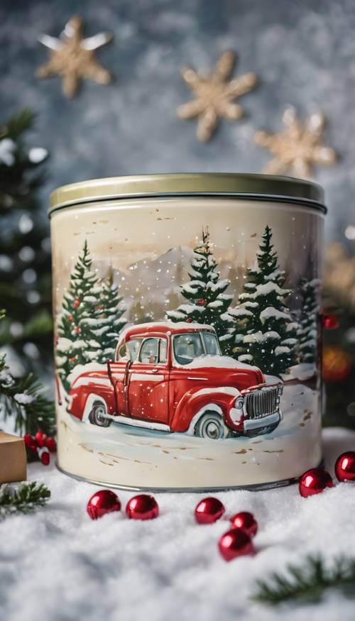 A charming mid-century Christmas cookie tin, painted with snowy scenes and holly berries.