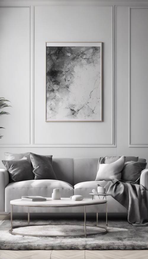 Ruang tamu yang ramping dan modern dengan warna putih dan abu-abu, menampilkan sofa berlapis halus dan seni dinding abstrak.