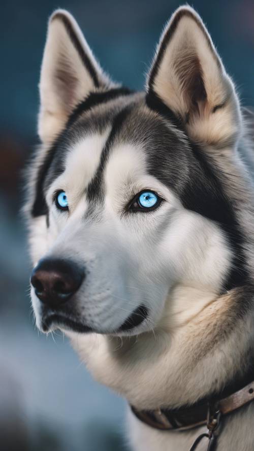 صورة معقدة لكلب هاسكي مسن بعيون زرقاء فولاذية، مضاءة بضوء مسائي ناعم.