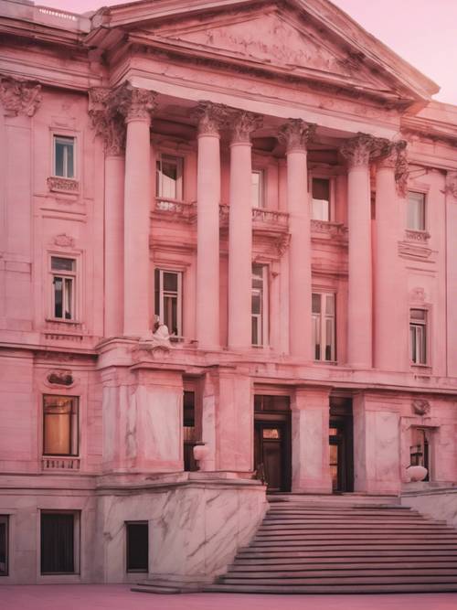 A grand neoclassical building bathed in the soft evening light, casting a pink ombre hue across its marble facade.