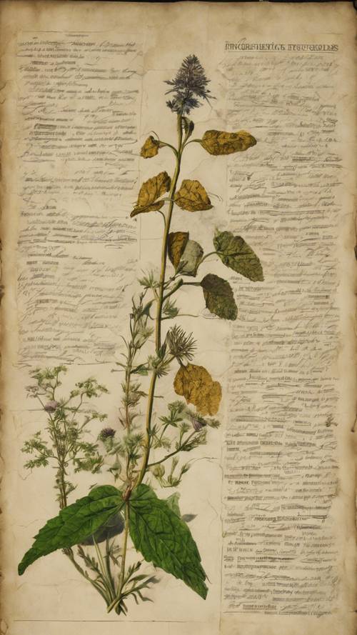 一本有百年歷史的植物學教科書上的古老、乾涸的頁面，描繪了各種藥草。