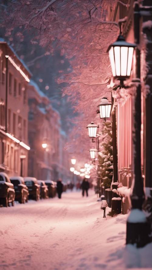 雪の夜に柔らかなピンク色の街灯で輝く楽しいキャロル合唱団