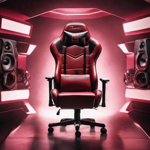 Una sedia da gaming in pelle rosso scuro con morbida imbottitura e sistema audio integrato.
