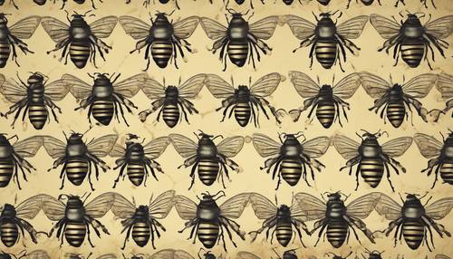 Design de papel de parede vintage com padrão repetido de abelhas rainhas com asas detalhadas.