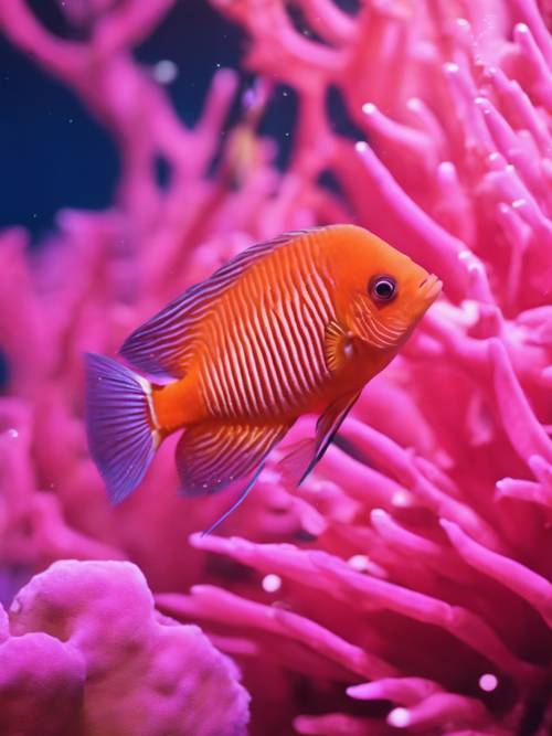 Ikan tropis berwarna merah muda melesat di antara karang hidup di surga bawah air.