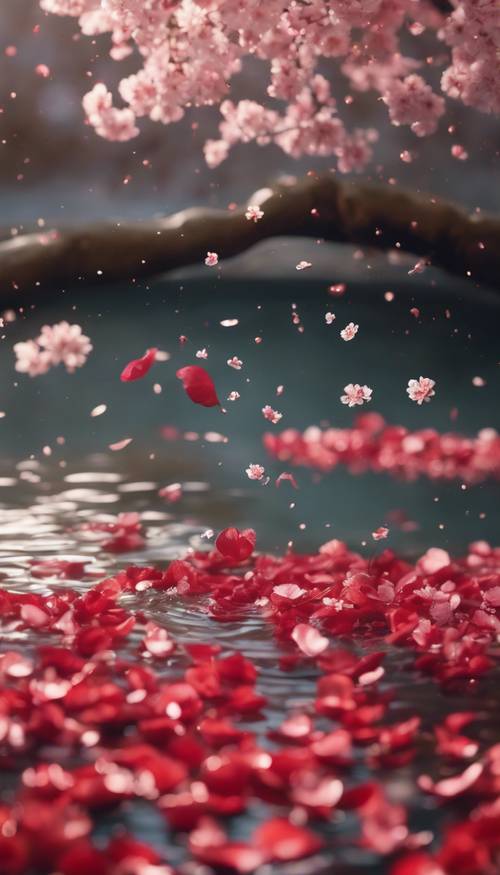 Kelopak bunga sakura merah mengambang di kolam yang tenang.