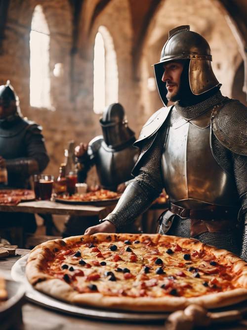 Caballeros medievales dándose un festín con una gran pizza estilo taberna en un castillo.