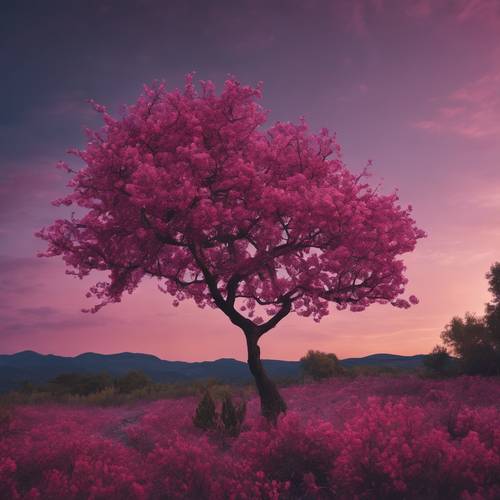 Un hermoso paisaje con un árbol de flores de color rosa oscuro bajo un cielo crepuscular.