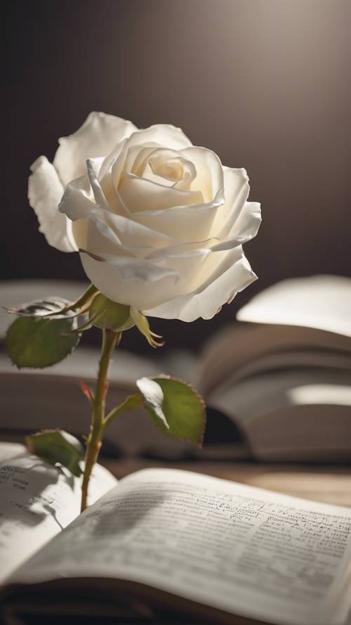 一朵刚刚盛开的白玫瑰杰作矗立在生物学教科书的书页上。