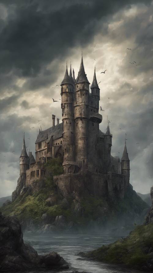 Ponury średniowieczny zamek w ciemnej grze fantasy pod burzliwym niebem.
