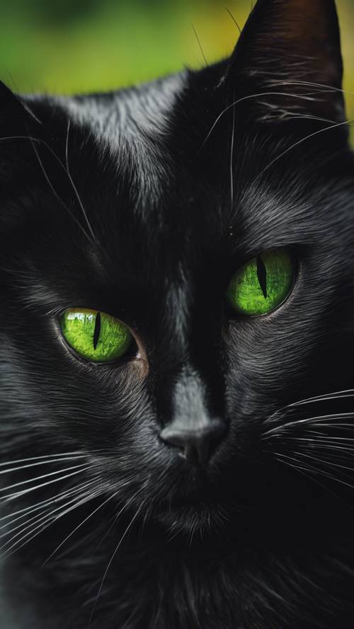 Tampilan dekat dari seekor kucing hitam dengan mata hijau mencolok, mengintip dari balik jack-o-lantern.