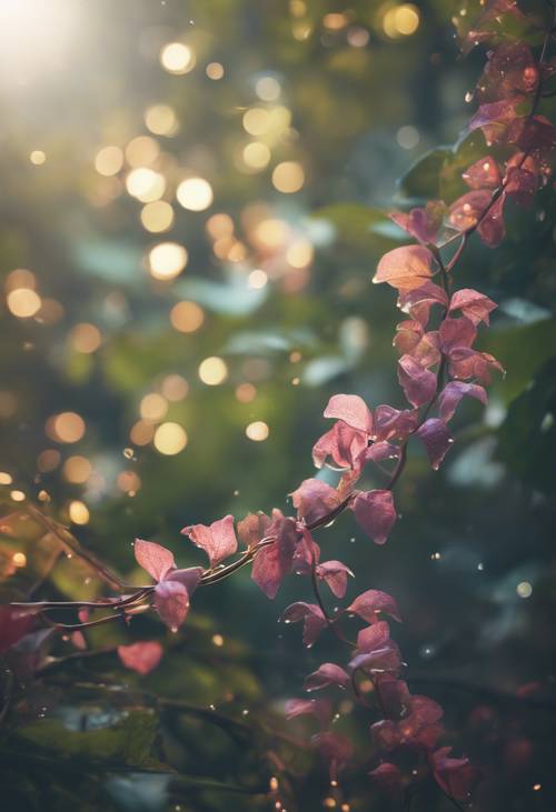 كرمة سميكة وساحرة بأزهار متوهجة سحرية في غابة خيالية.