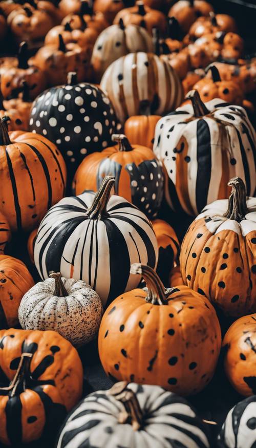 A crafty hand painting intricate preppy designs, like stripes and polka dots, on pumpkins in preparation for a stylish Halloween gathering.