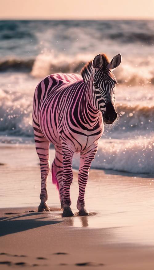 Ein rosa Zebra an einem Sandstrand, hinter dem die weißen Wellen brechen.