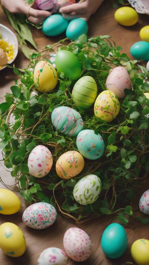 Orang dewasa muda yang rapi tertawa di sekitar bagian tengah yang berhubungan dengan Paskah yang terbuat dari tanaman merambat hijau dan telur Paskah yang semarak.
