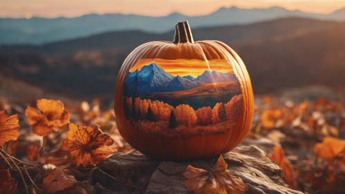 A pumpkin painted with an aesthetic landscape of a sunset over mountains