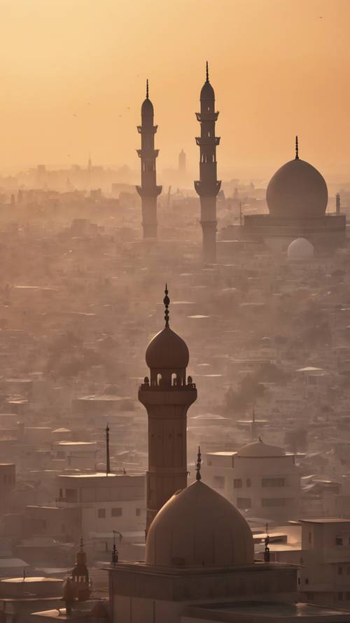 Pemandangan matahari terbit yang damai di cakrawala kota dengan siluet menara masjid, mengumumkan dimulainya hari baru selama bulan suci Ramadhan.