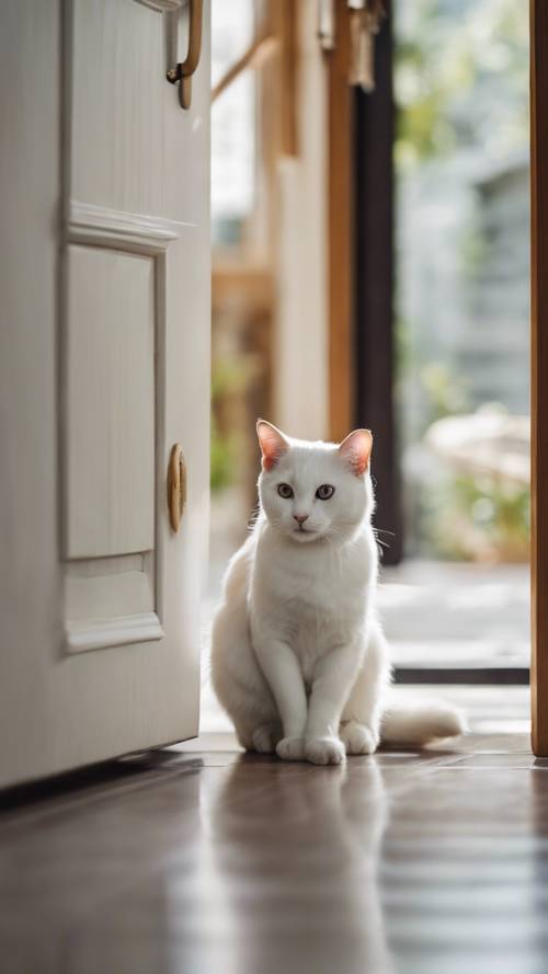 A white Japanese Bobtail cat eagerly waiting by the door to welcome home her beloved owner. Tapetai [07da8a30befd4dbb9078]