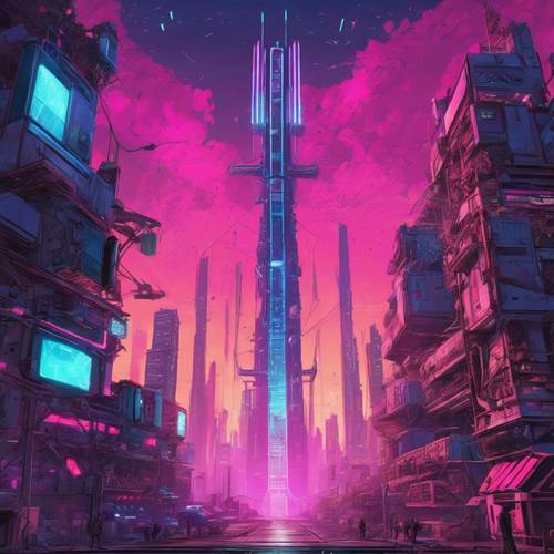 A massive space elevator piercing the sky, set in a cyber city.