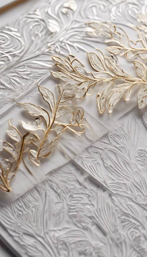 Motivos de folhas de prata gravados em um cartão de convite de casamento branco com letras douradas.
