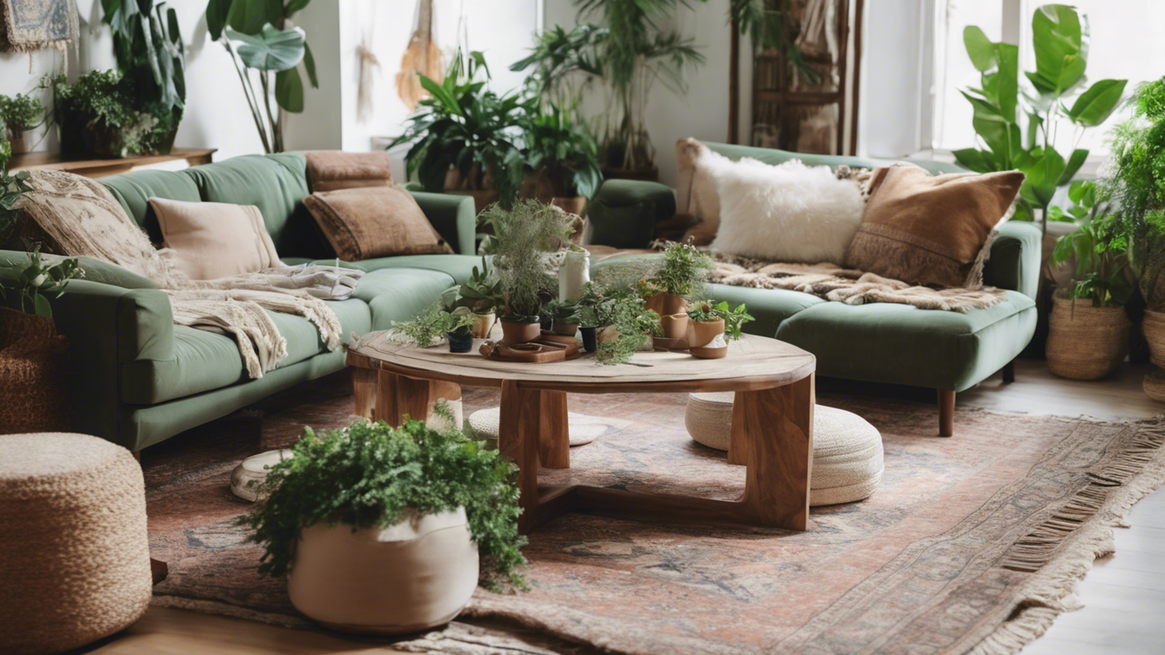 An inviting boho living room with a neutral color palette, featuring a floor seating arrangement, a lot of green plants, and a large Persian rug.壁紙[3b2820ebc0844567949f]