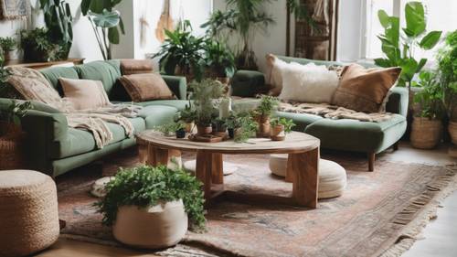 Ruang tamu boho yang menarik dengan palet warna netral, menampilkan penataan tempat duduk di lantai, banyak tanaman hijau, dan permadani Persia yang besar.