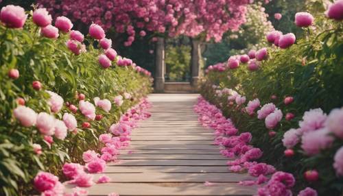 A peaceful garden path lined with blooming peony flowers.