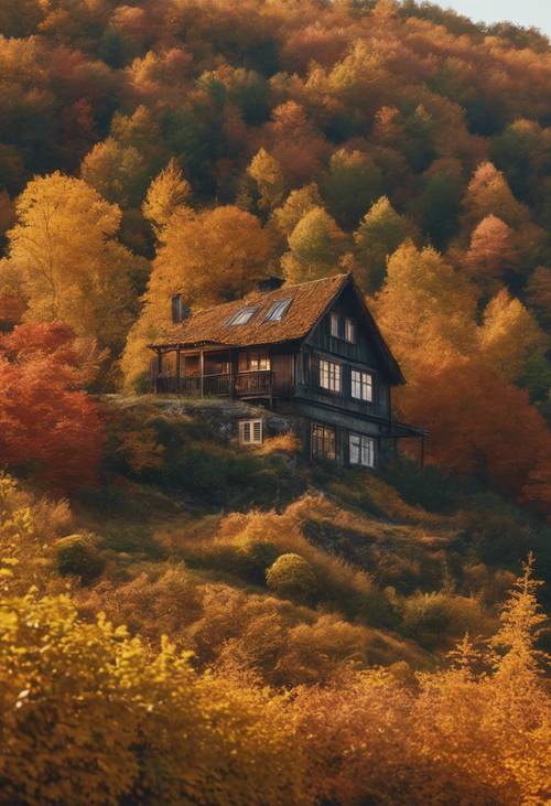 A hillside forest in full autumnal color with rustic cottage in the foreground. Tapeta [68bdf998b5994bda91fd]
