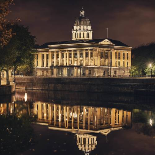 夜晚的科克市政厅灯火辉煌，倒映在利河上。