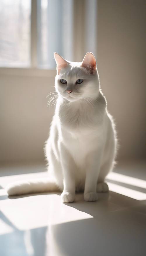 חתול מתכתי מבריק בצבע לבן טהור יושב בחדר מואר שמש.