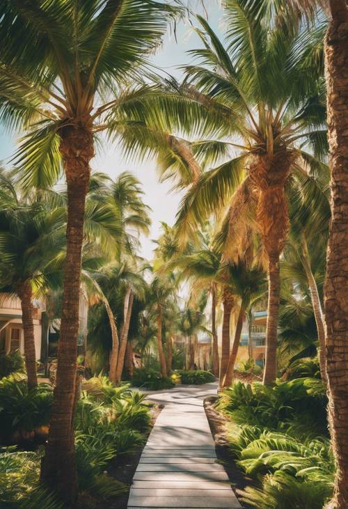 Une scène vibrante de palmiers ornant le chemin d’une station estivale.