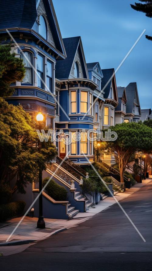 Charming Blue Victorian House at Dusk