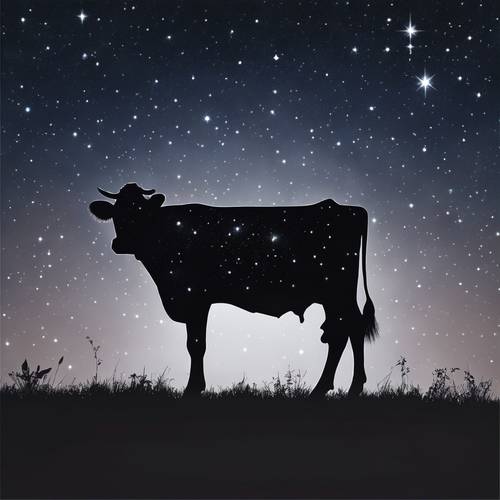 一頭牛在繁星點點的夜空下行走的剪影影像。
