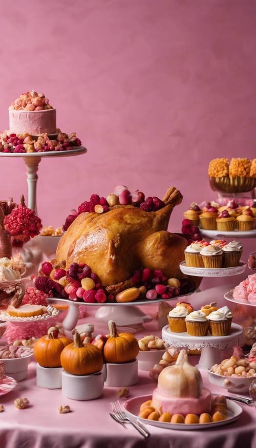 A Thanksgiving dessert table dominated by pink confectioneries.