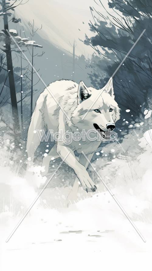 Majestoso lobo branco na floresta nevada