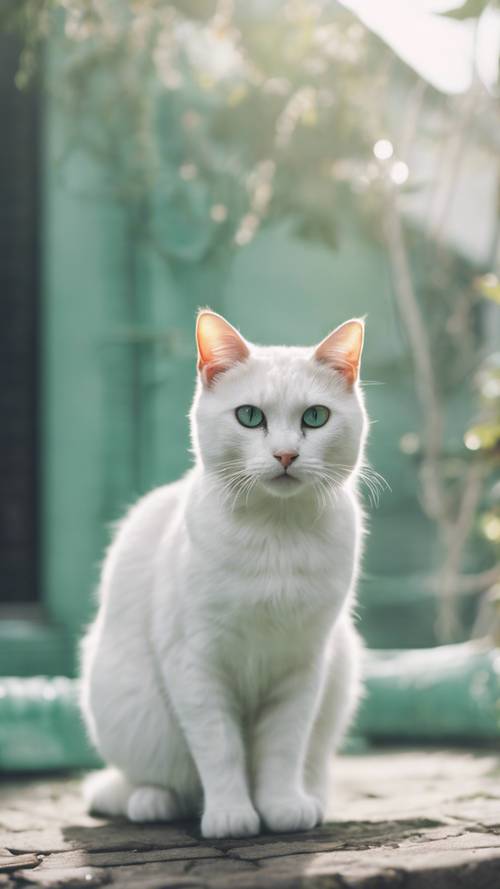 Eine mintgrün und weiß gestreifte Kawaii-Katze mit großen, gefühlvollen Augen.