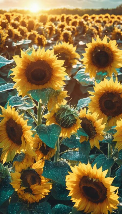 An array of sunflowers adorned with a mixture of rainbow glitter under a bright sun.