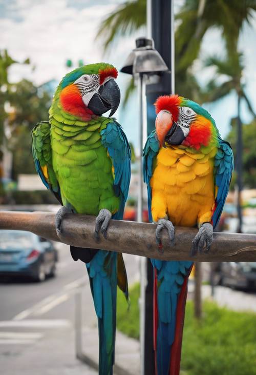 Brightly coloured tropical parrots perched on a sleek, modern lamp post.