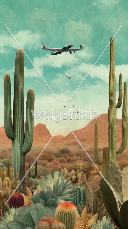 サボテンと飛ぶ鳥が描かれた砂漠の風景　