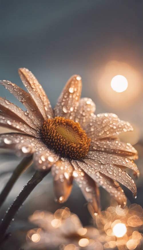 A tan daisy with dew drops on it, pictured against a dawn sky.