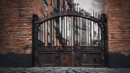 Một cánh cổng rỉ sét cũ kỹ trên bức tường gạch đen.