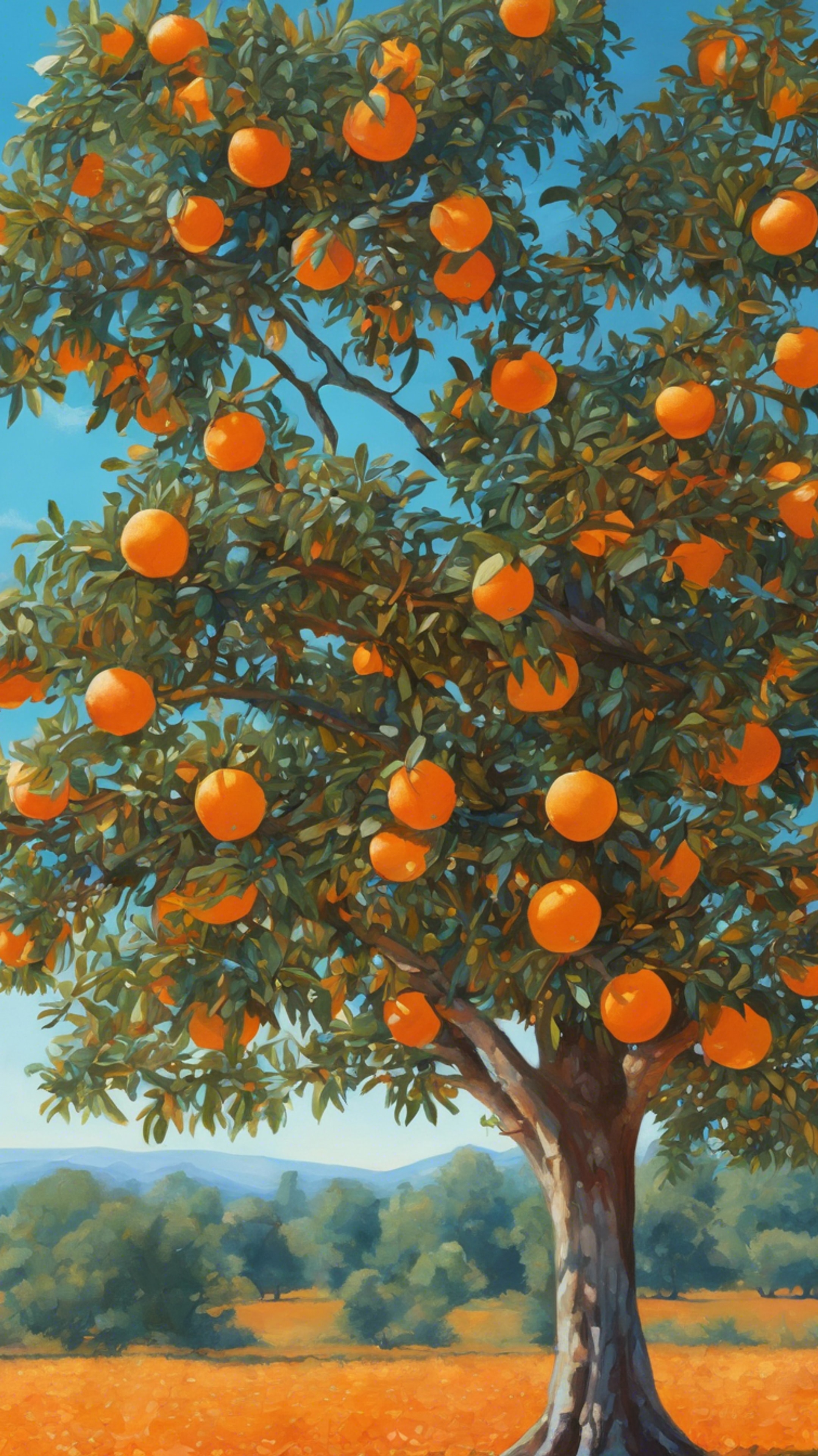 A vivid painting of an orange tree against a serene, bright blue morning sky.壁紙[c389b74361014d81a2ff]