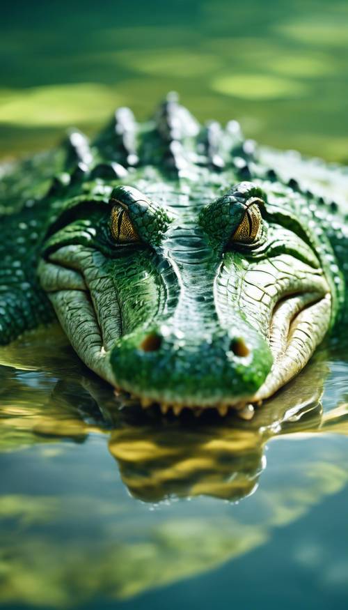 A sleek green crocodile diving into the crystal-clear water.