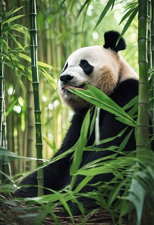 Гигантская панда дремлет в тени сочных зеленых листьев бамбука.