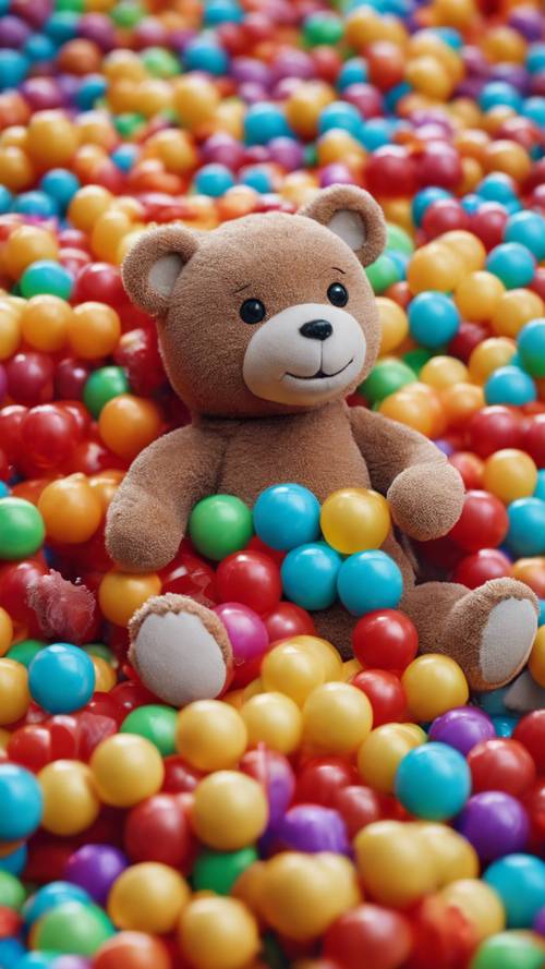 재미가 가득한 실내 놀이터에서 테디베어가 다채로운 플라스틱 공 웅덩이에 뛰어들고 있습니다.