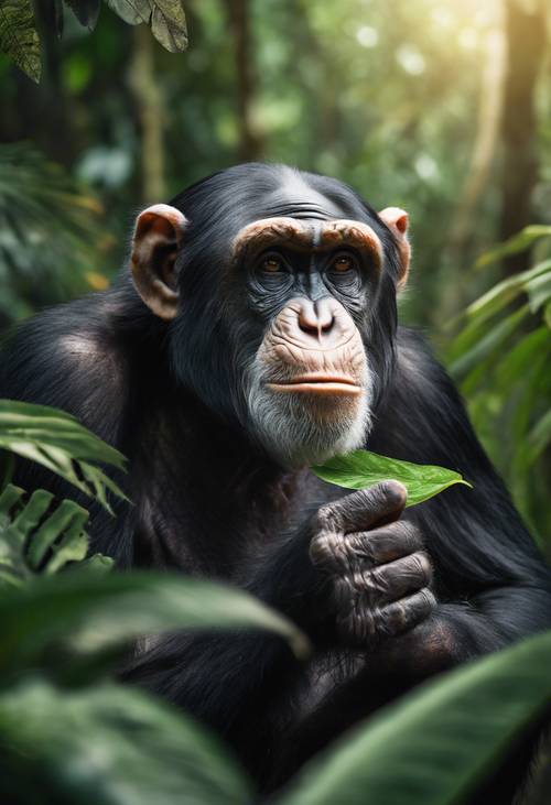 Un chimpancé intrigado examina una hoja con el telón de fondo de una densa jungla. Fondo de pantalla [42367e971502459f9d4b]