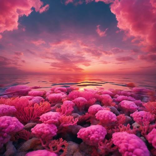 Ein strahlend rosa Sonnenuntergang über einem lebendigen und vielfältigen Korallenriff unter einer spiegelglatten Meeresoberfläche.