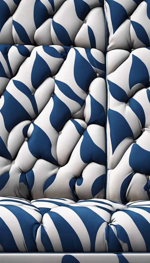 A three-seater couch upholstered in a funky blue and white pattern. Behang [6391f1d41e6d44a0b0d8]